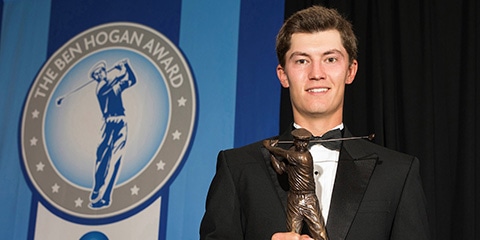 Maverick McNealy of Stanford with the Ben Hogan Award
