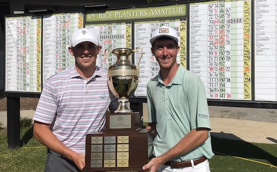 Myles Creighton (left) and his caddie Mark Johnston hoist the Rice Planters trophy