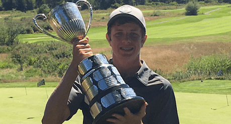 Nolan Thoroughgood lifts the B.C. Amateur trophy <br>(British Columbia Golf Photo)</br>