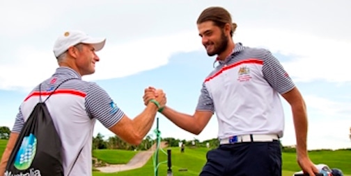 Curtis Luck is congratulated by Team Australia captain Matt Cutler <br>(International Golf Federation Photo)