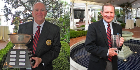 Tom McKee (L) with the Marion R. Gray Trophy and<br>Michael Irvine with the Charles H. Jennings Trophy<br>(California Seniors' Golf Association photo)