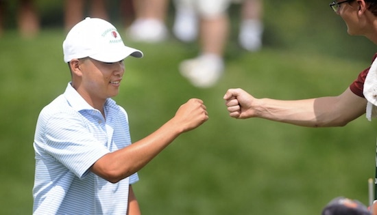 Shintaro Ban celebrates after a birdie on No. 2<br>Tribune Democrat photo by Thomas Slusser