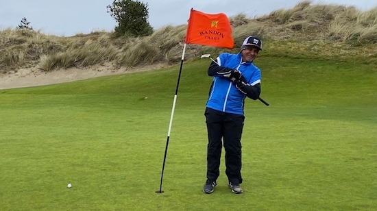 Conrad Figueroa tries to stand up straight at Bandon Trails