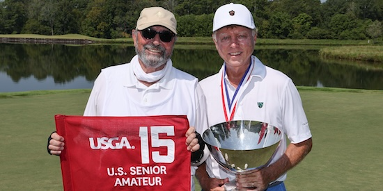 Louis Brown celebrates his win with his caddie, Hawk Nucara (USGA Photo)